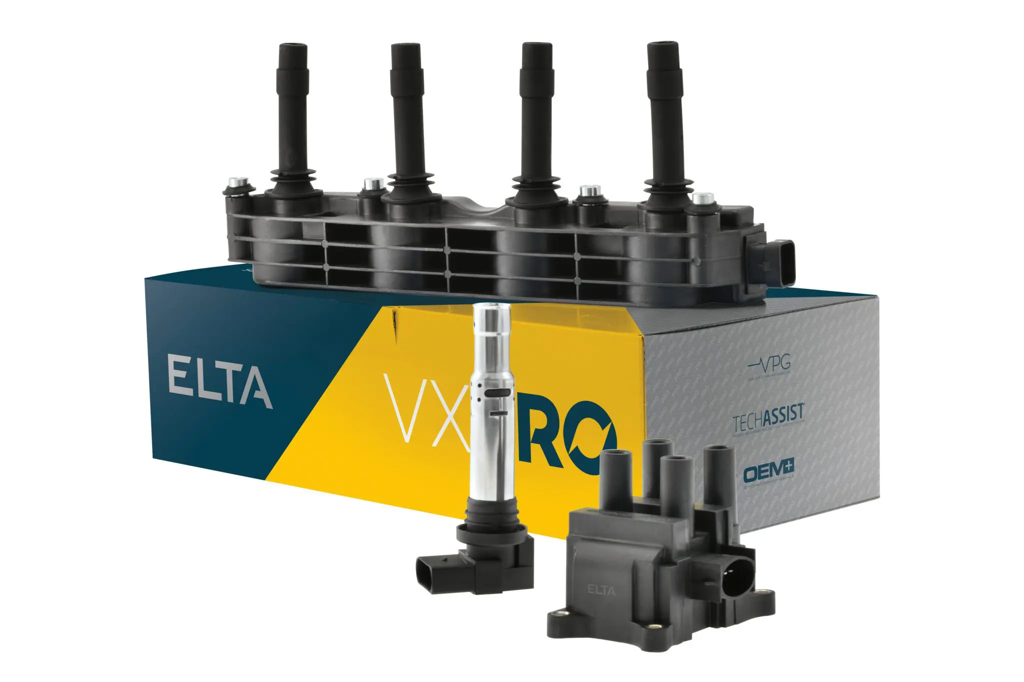 A yellow. blue and silver box with a black automative component on top and two smaller ones next to it.