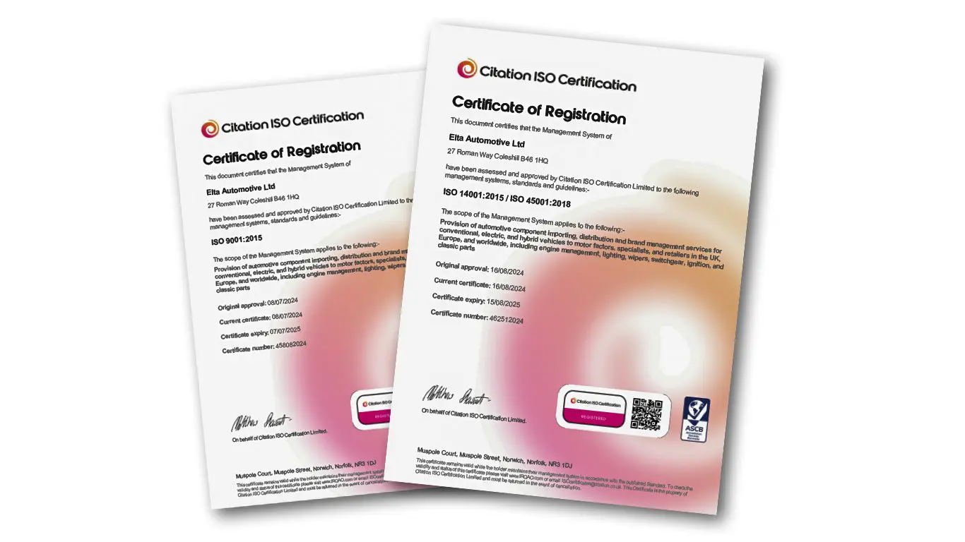 Two Citation ISO Certification certificates for ELTA Automotive Ltd, confirming compliance with ISO 9001:2015 and ISO 45001:2018 standards.