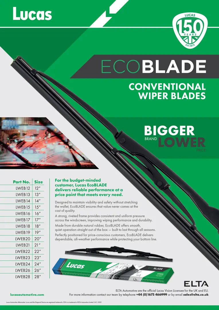 A Lucas EcoBLADE promotional leaflet for conventional wiper blades, featuring a large wiper blade image, product sizes, and branding on a green background.