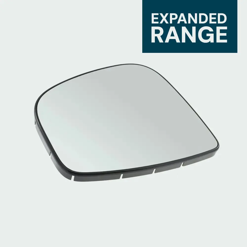 A standalone car wing mirror glass insert displayed on a plain background with an “Expanded Range” label.
