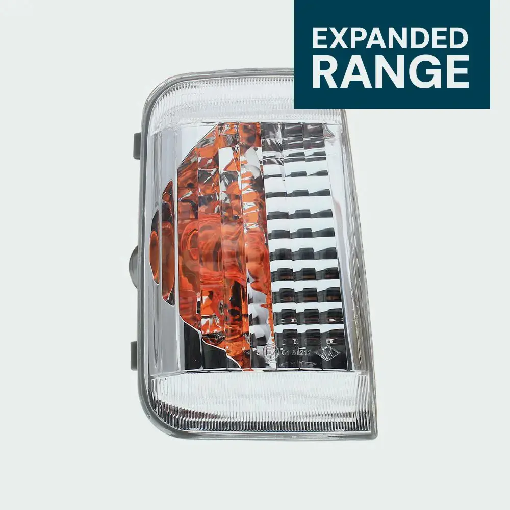 A replacement vehicle mirror indicator light with clear and amber sections, displayed with an “Expanded Range” label.