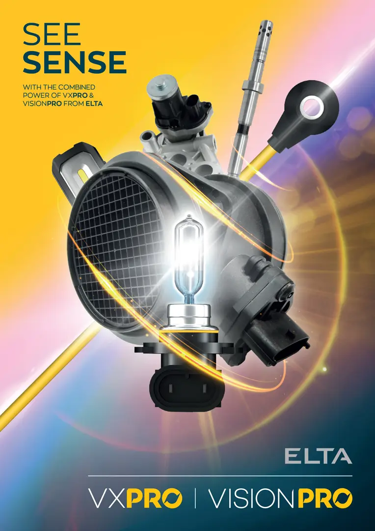 Promotional graphic featuring an automotive sensor assembly and a headlight bulb surrounded by dynamic light streaks, with the text “SEE SENSE” and branding for ELTA, VXPRO, and VisionPRO.