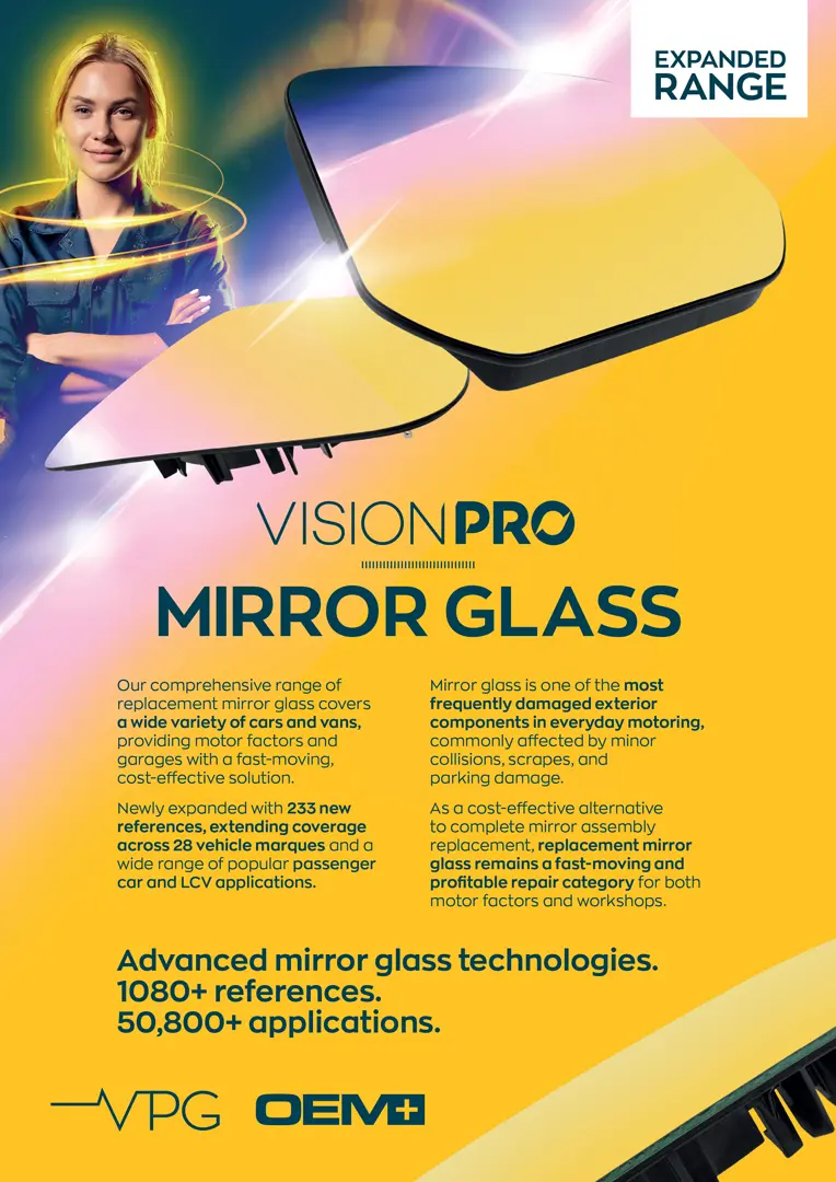 A VisionPRO promotional leaflet for mirror glass, featuring two replacement mirror glass panels, expanded range messaging, and product information on a yellow and gradient background.