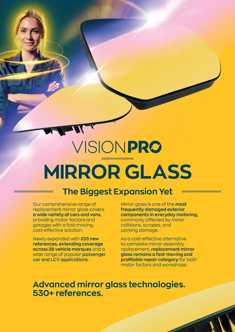 A VisionPRO promotional leaflet for mirror glass, featuring two replacement mirror panels, expansion messaging, and product information on a yellow gradient background.