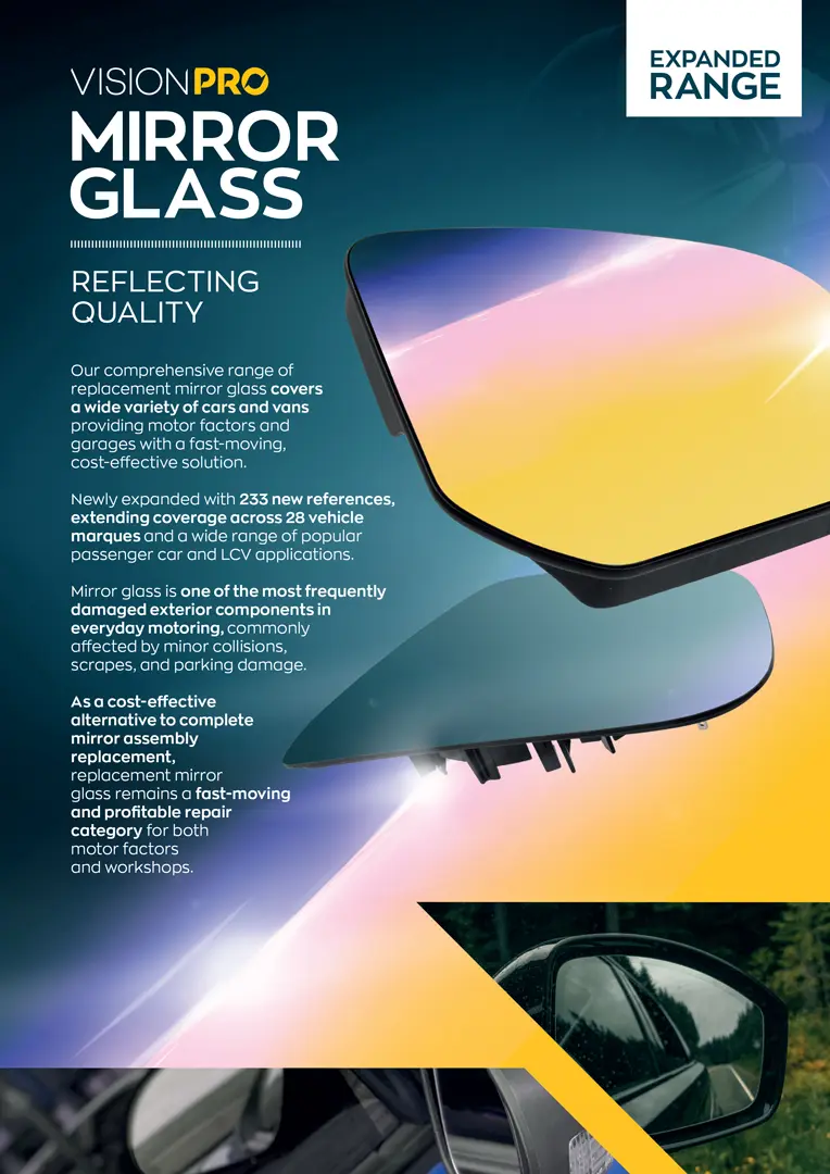 A VisionPRO promotional leaflet for mirror glass, featuring replacement mirror glass panels, expanded range messaging, and automotive imagery.