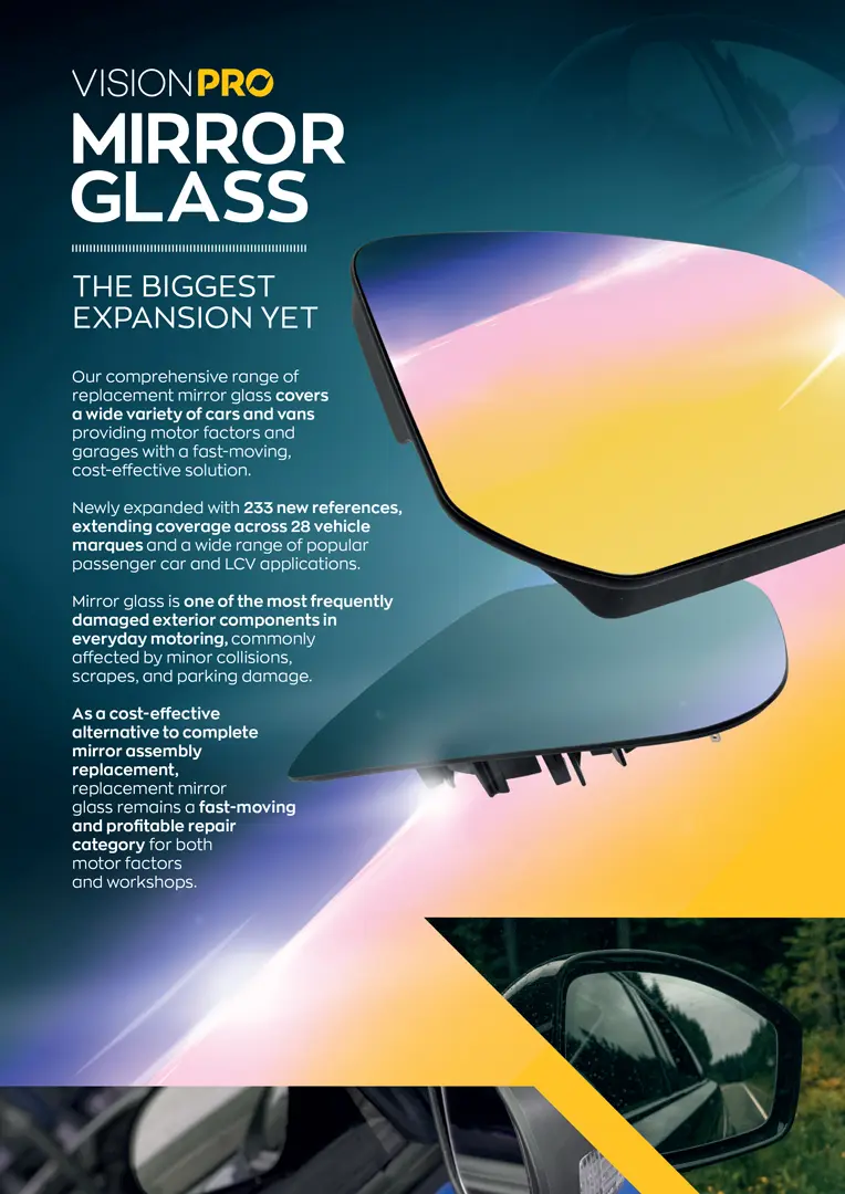 A VisionPRO promotional leaflet for mirror glass, featuring replacement mirror glass panels, expanded range messaging, and automotive imagery.