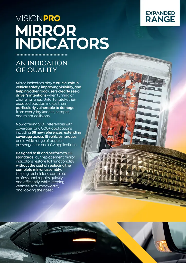 A VisionPRO promotional leaflet for mirror indicators, featuring two replacement indicator units, expanded range information, and examples fitted to vehicle mirrors.