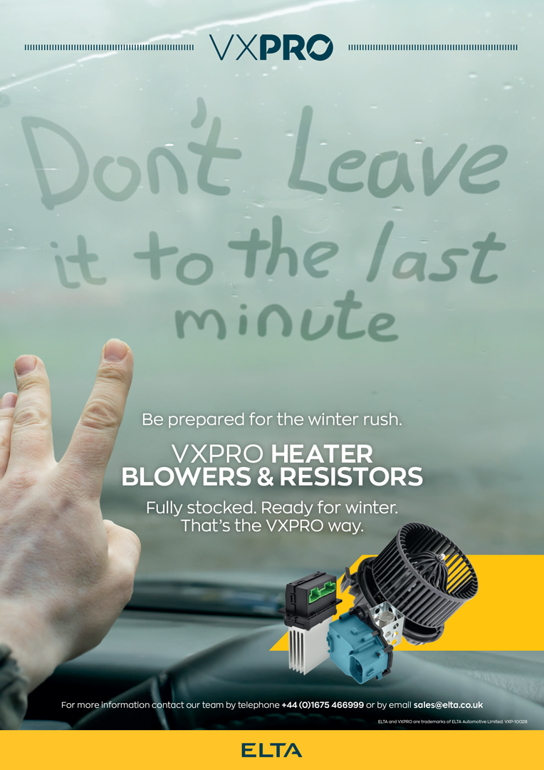 A VXPRO winter‑focused promotional poster for heater blowers and resistors, showing a fogged vehicle windscreen with hand‑written text and product images.