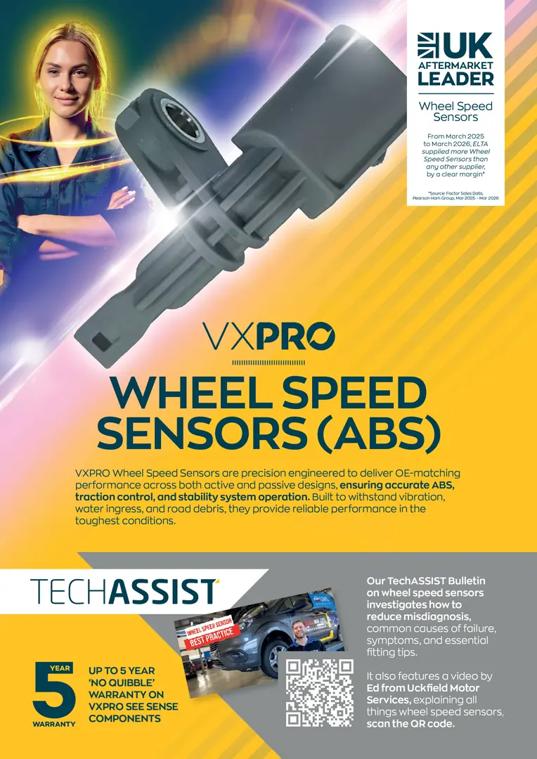 A VXPRO promotional leaflet for wheel speed sensors (ABS), showing a large sensor component, branding, technical messaging, and supporting graphics.