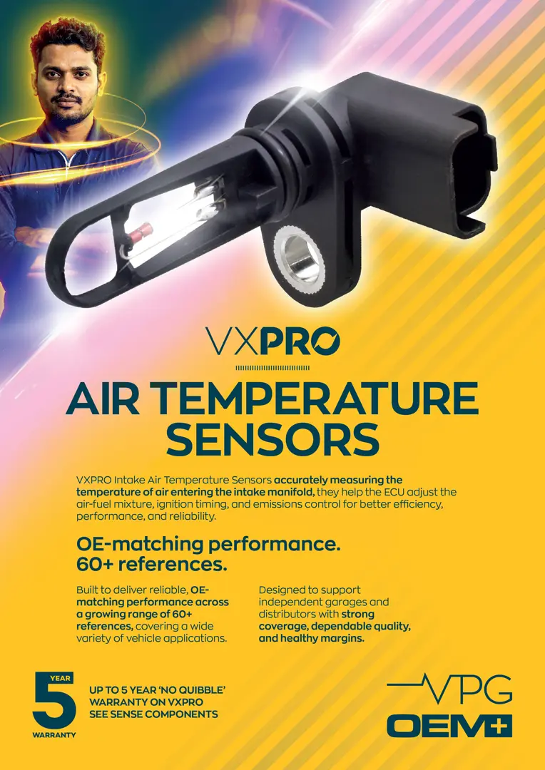 A VXPRO promotional leaflet for air temperature sensors, featuring a large sensor component image, technical product messaging, warranty information, and VXPRO branding.