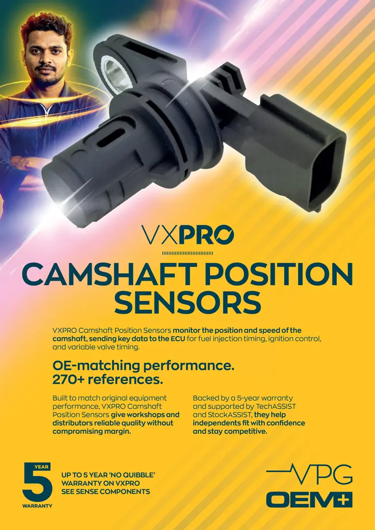 A VXPRO promotional leaflet for camshaft position sensors, featuring a large sensor component image, technical performance highlights, and warranty information.