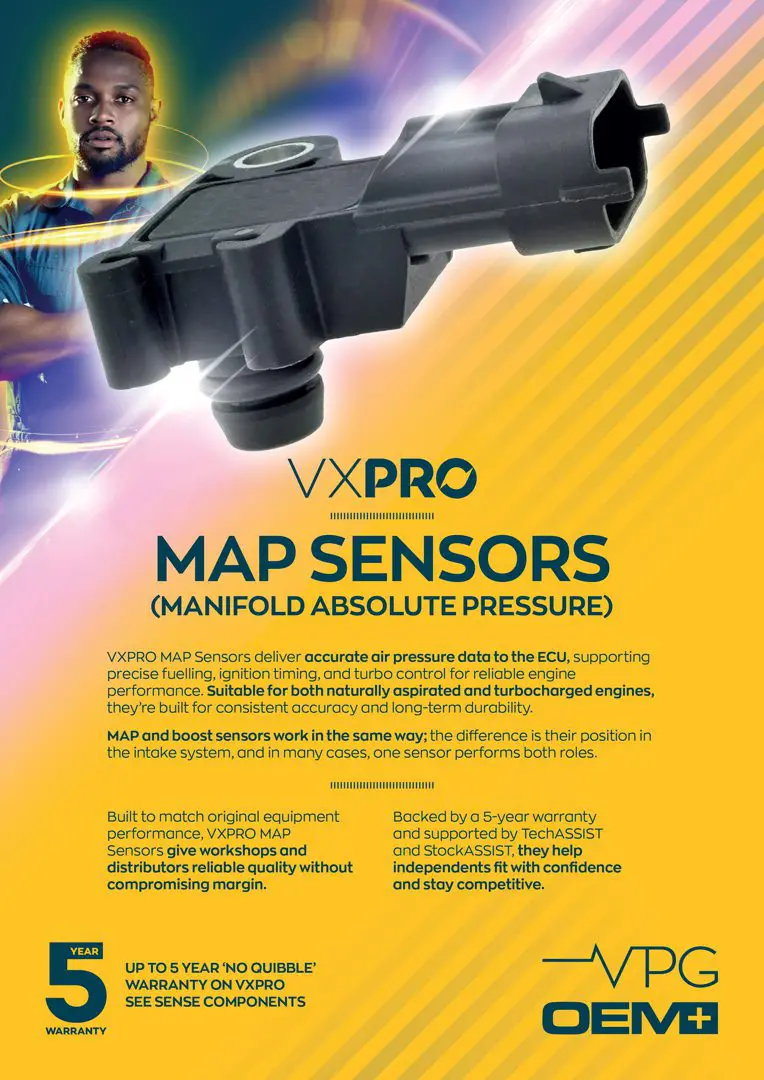 A VXPRO promotional graphic for MAP sensors (manifold absolute pressure), featuring a large sensor image, product information, and branding on a yellow background.