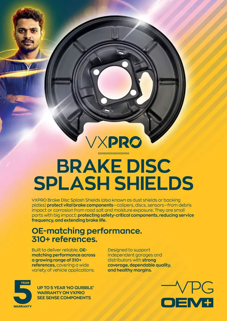 A VXPRO promotional leaflet for brake disc splash shields, featuring a large circular metal shield component, product information, and branding on a yellow background.