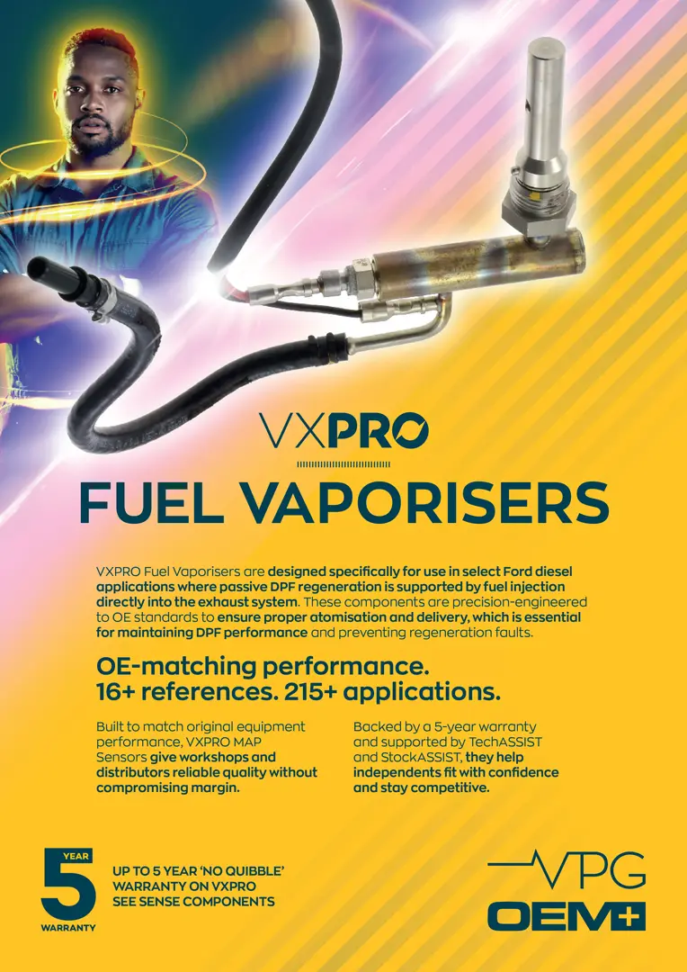 A VXPRO promotional leaflet for fuel vaporisers, featuring a fuel system component with pipes and sensor fittings, product information, and branding on a yellow background.