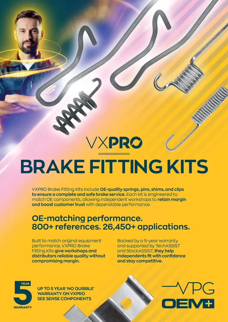 A VXPRO promotional leaflet for brake fitting kits, featuring springs and clips, product details, and branding on a yellow gradient background.