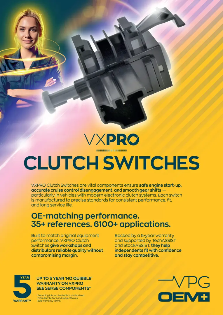 A VXPRO promotional leaflet for clutch switches, featuring a large clutch switch component, product information, and branding on a yellow gradient background.
