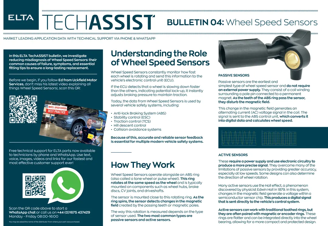 Technical bulletin titled “TechAssist Bulletin 04: Wheel Speed Sensors” featuring text explanations, diagrams of passive and active wheel speed sensors, QR codes for support resources, and a photograph of a vehicle diagnostic scene.