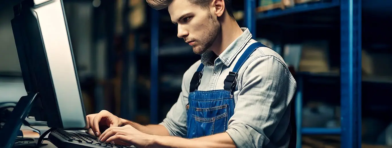 Mechanic typing on a keyboard looking up parts at a computer monitor inside a garage warehouse. 