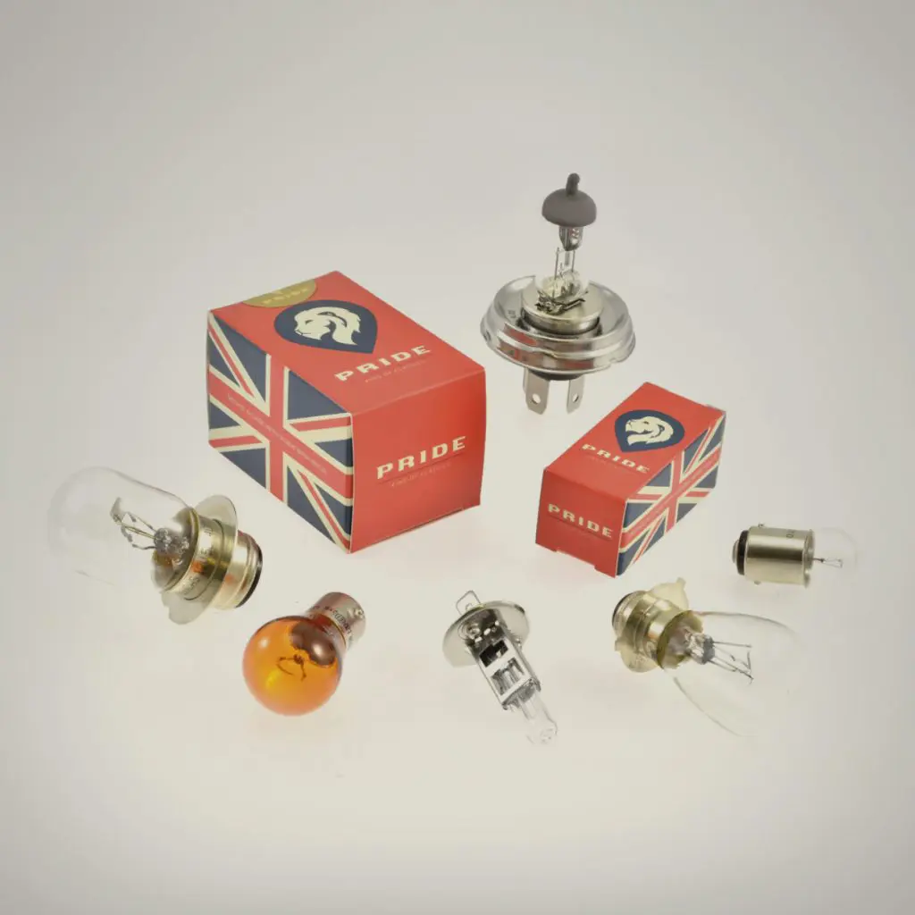 A selection of classic Pride automotive bulbs with red packaging.