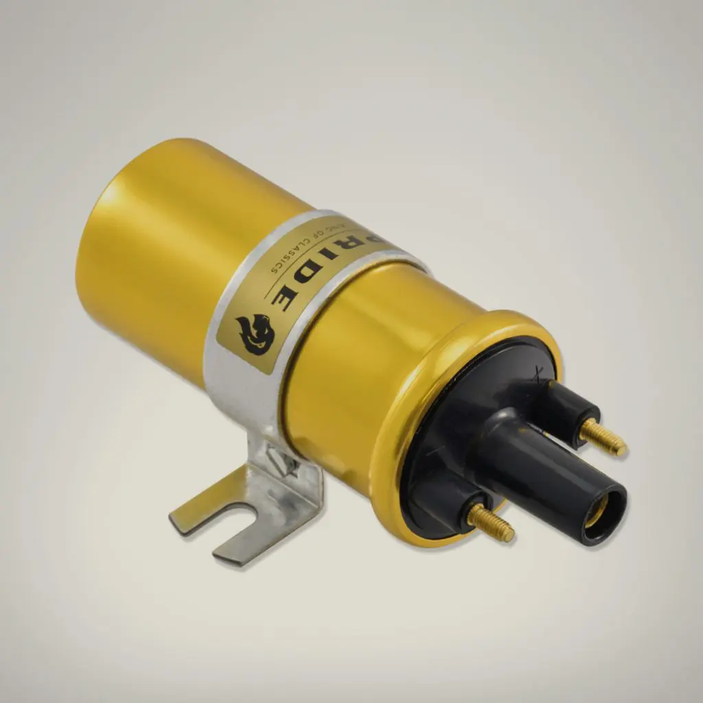 A golden Wet Ignition Coil. EP8002 Replaces: DLB105 TT2981 11105. With the Pride logo on.