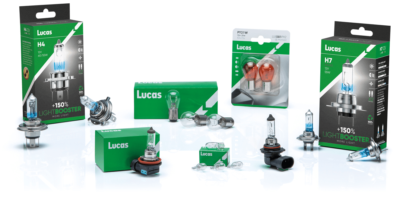 Various Lucas automotive light bulbs and their packaging, including H4, H7, and PY21W types, displayed in blister packs and cardboard boxes with labels highlighting features like "+150% LIGHTBOOSTER MORE LIGHT."