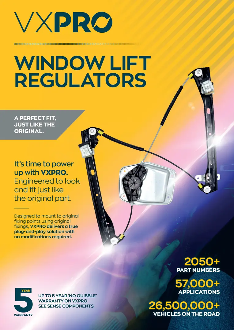 Promotional flyer for VXPRO Window Lift Regulators featuring a large image of a window regulator mechanism, bold product title, and key benefits highlighted on a vibrant yellow and blue background.
