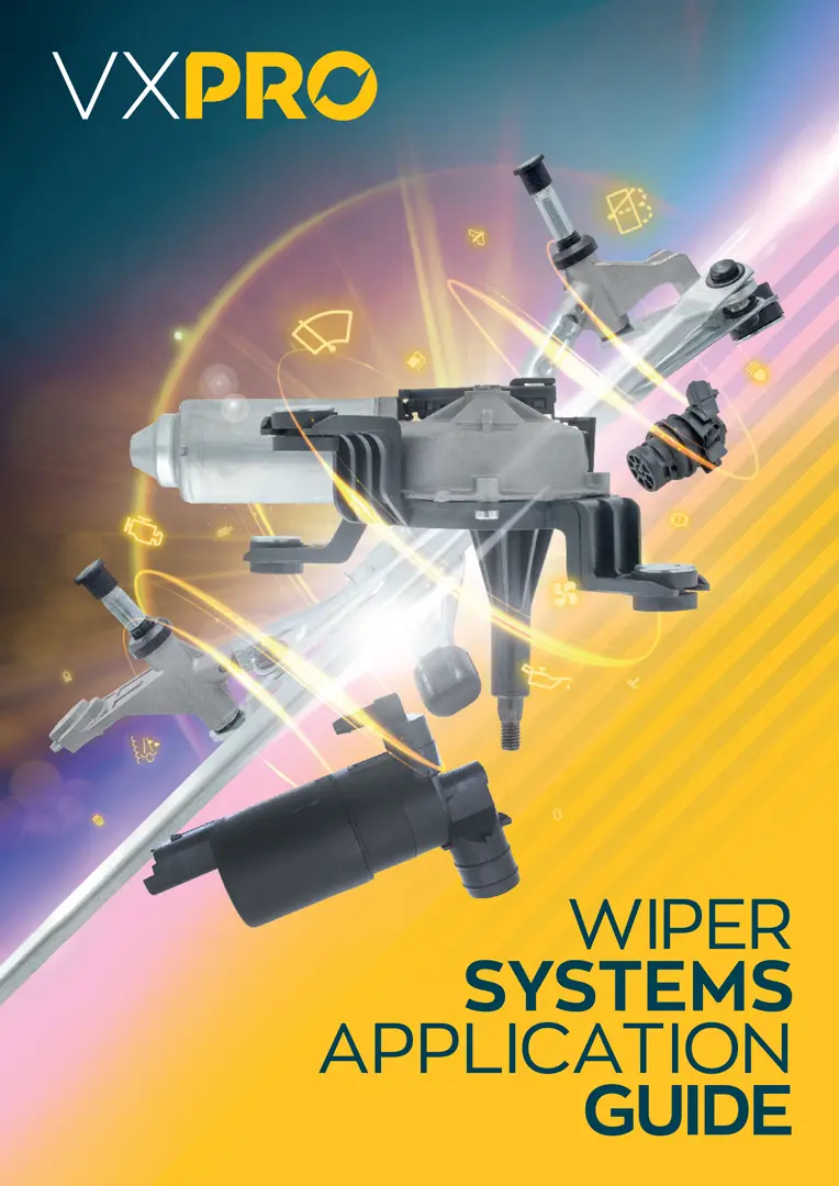 Cover of the VXPRO Wiper Systems Application Guide showing multiple wiper system components arranged dynamically against a colourful background, with the VXPRO logo at the top and the title text at the bottom.