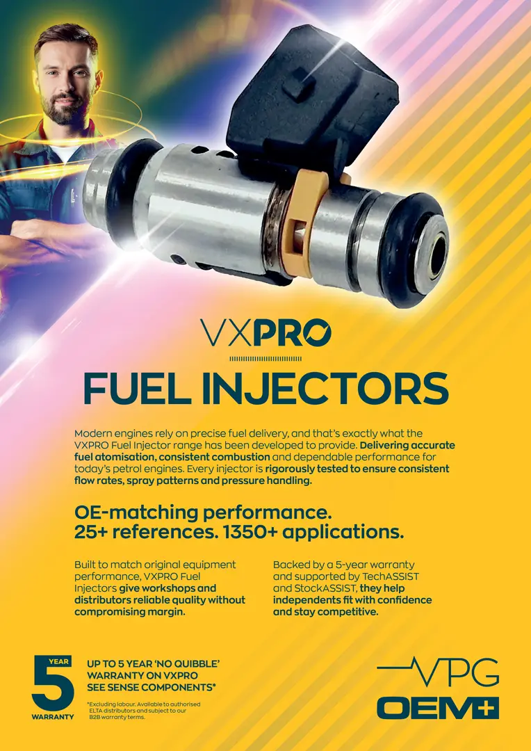 A VXPRO promotional leaflet for fuel injectors, featuring a large fuel injector image, product information, and branding on a yellow gradient background.