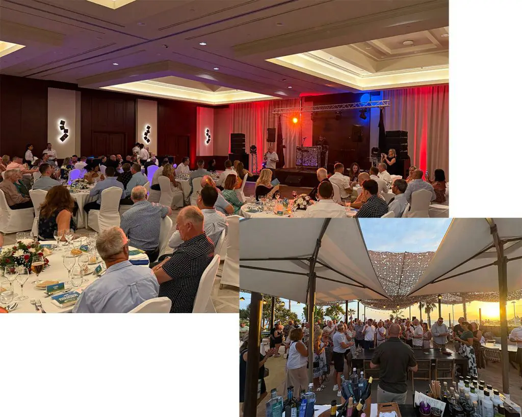 The image is divided into two distinct scenes. The top half captures an indoor event setup where attendees are seated at round tables, all facing a stage. The stage is equipped with a lighting rig and a speaker is visible, suggesting a formal presentation or awards ceremony. The ambiance is professional, with dim lighting focused on the stage area.
The bottom half of the image transitions to an outdoor setting during sunset. A group of people is gathered under a canopy, standing and socializing near what appears to be a bar or reception area. The warm lighting and open-air environment create a relaxed, informal atmosphere, possibly part of a social or networking segment of the same event.