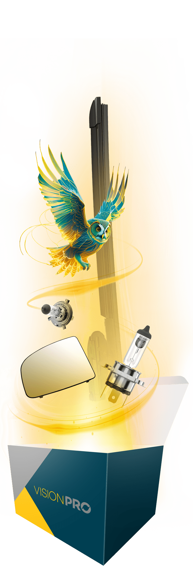 A VisionPRO box with automotive components rising out of it in a warm glow.