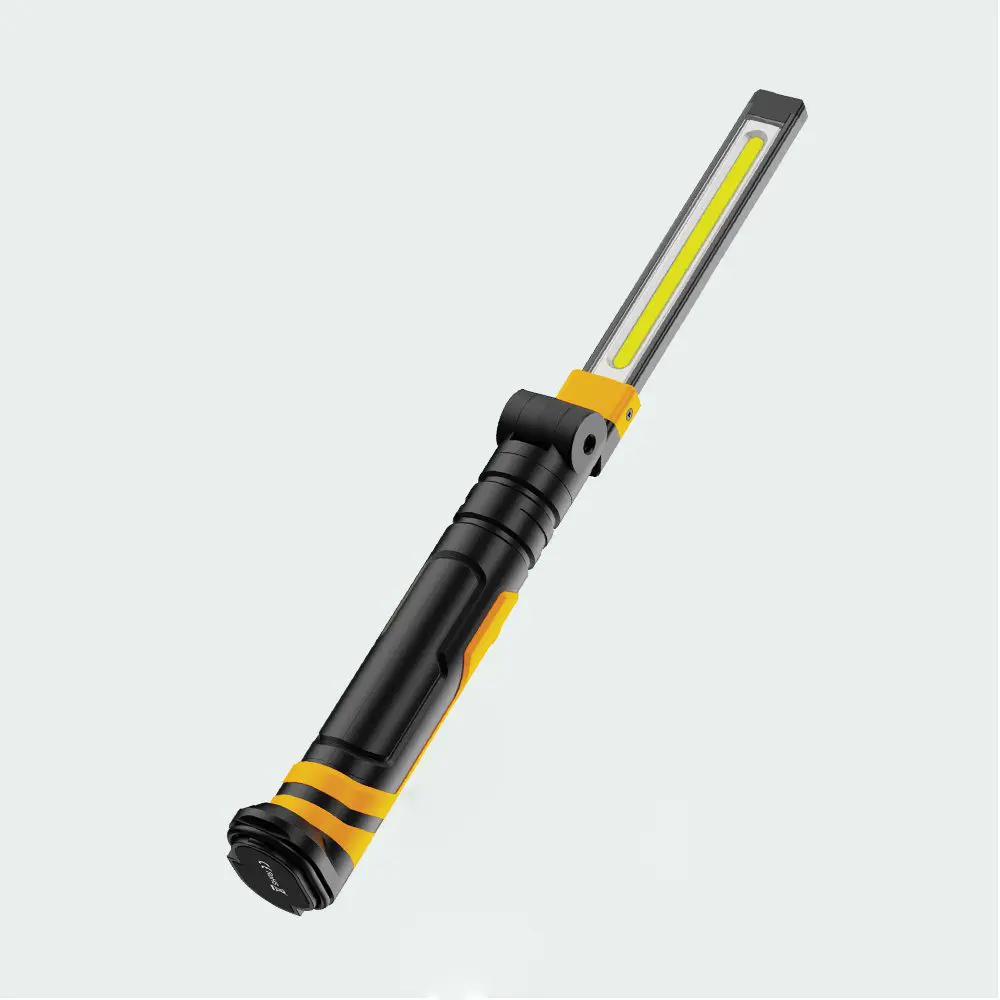 A black and yellow foldable inspection lamp.