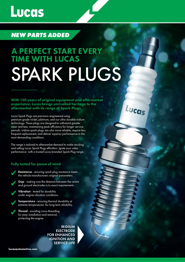 Promotional leaflet for Lucas spark plugs featuring a large image of a spark plug surrounded by glowing green and blue light effects, with text about new parts, product benefits, and iridium electrode technology.