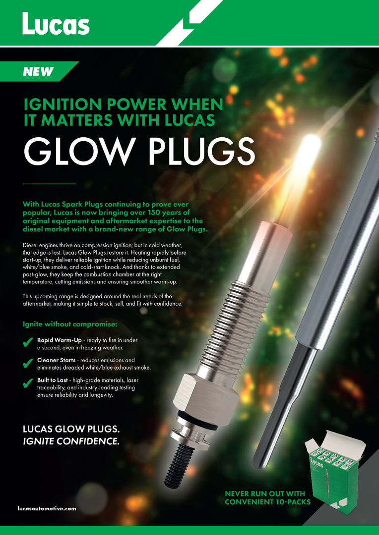 Promotional leaflet for Lucas glow plugs featuring a glowing plug tip, product images, benefit statements, and green Lucas branding on a dark background.