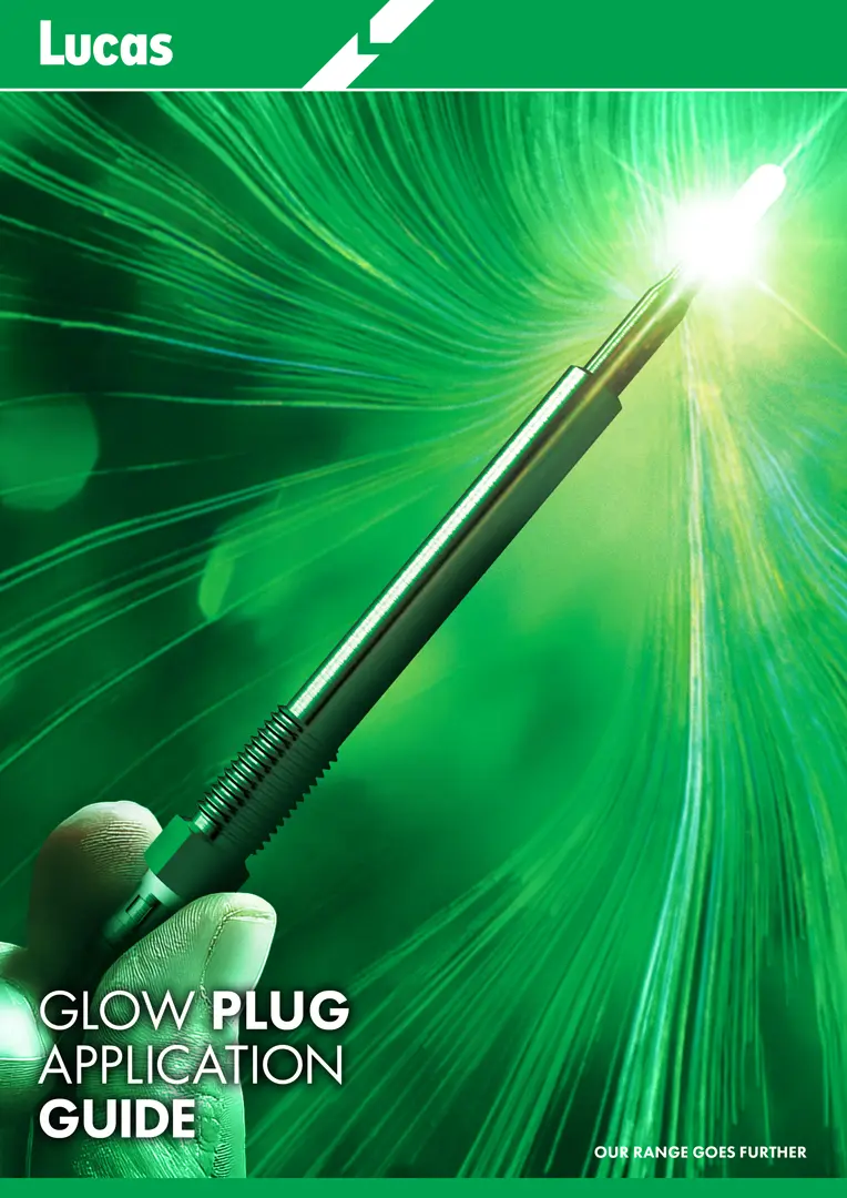 Cover of the Lucas Glow Plug Application Guide showing a glowing glow plug held between two fingers, with bright green light rays radiating outward and the Lucas logo in a green banner at the top.