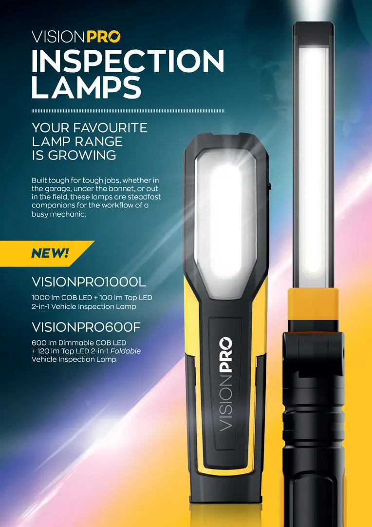 An advertisment for new inspection lamps, blue and yellow background with two lamps illuminated.
