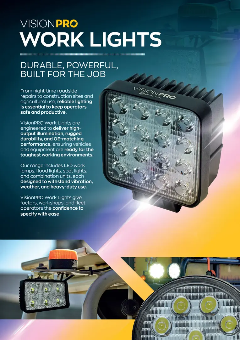 A VisionPRO promotional leaflet for work lights, featuring a square LED work light unit, product information, and supporting images of lighting in use.