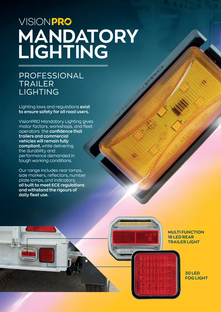 A VisionPRO promotional leaflet for mandatory trailer lighting, featuring an amber side marker light, product information, and supporting images of trailer lights.