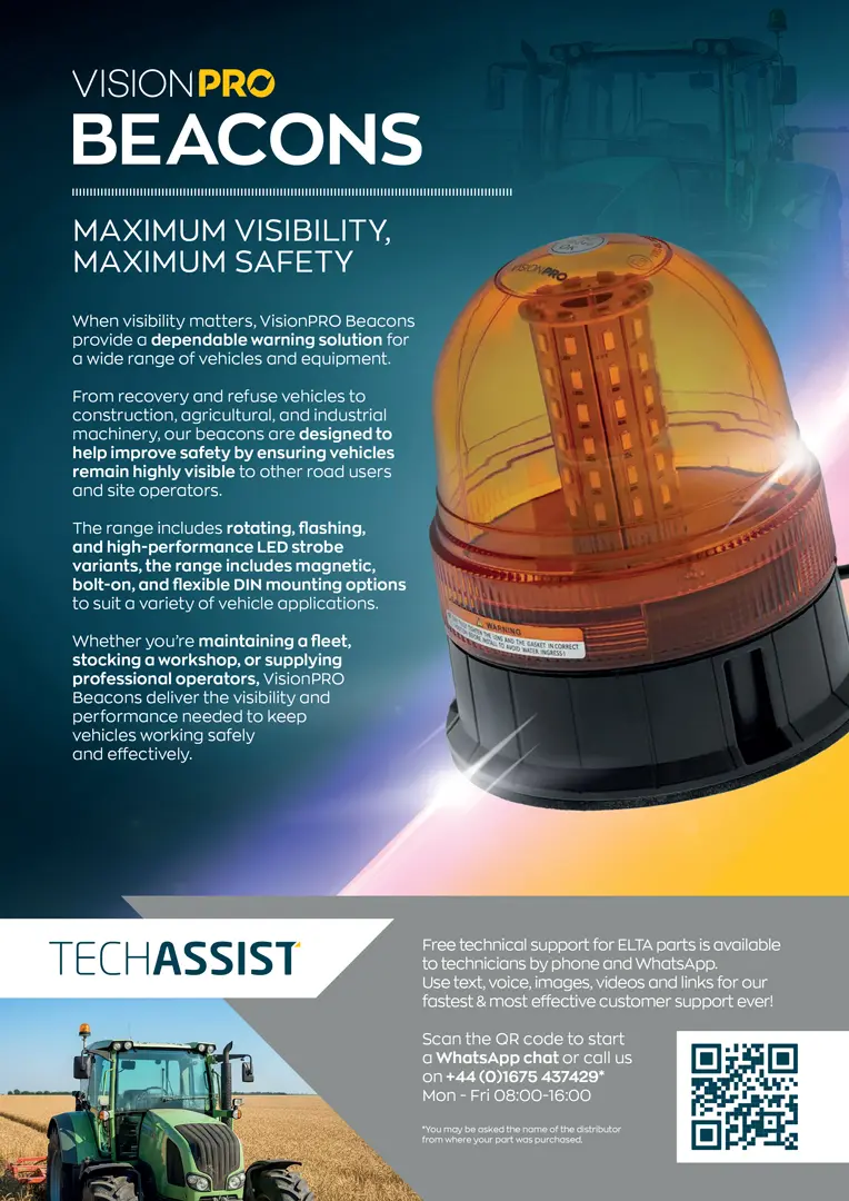 A VisionPRO promotional leaflet for vehicle beacons, featuring a large amber LED beacon light, product information, and branding on a blue and yellow background.