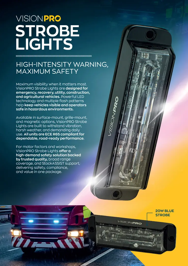 A VisionPRO promotional leaflet for strobe lights, featuring a large rectangular LED strobe unit, product information, and emergency vehicle imagery.