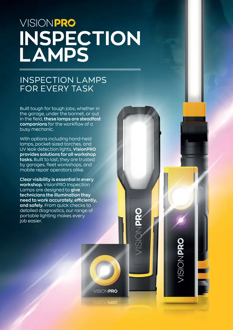 A VisionPRO promotional leaflet for inspection lamps, featuring handheld work lights, product information, and branding on a blue and yellow background.