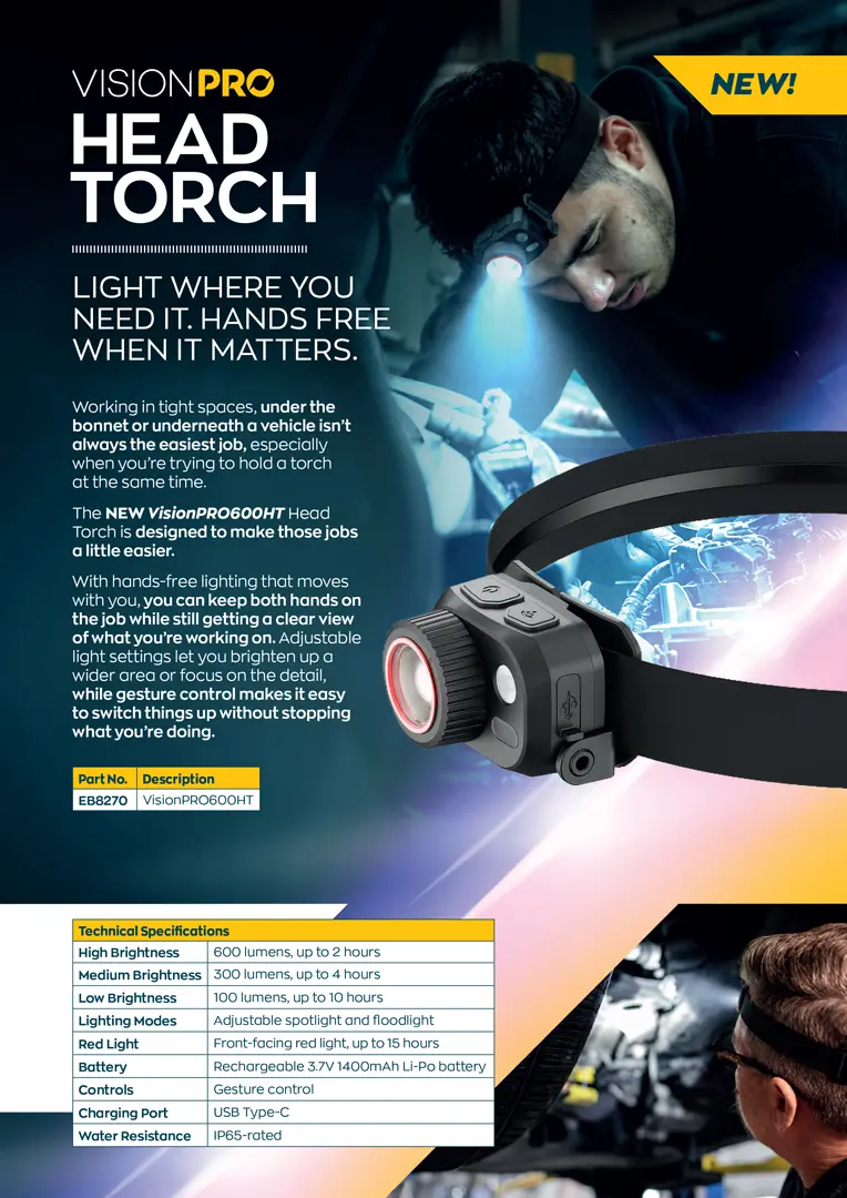 A VisionPRO promotional leaflet for a rechargeable head torch, featuring a head-mounted LED light, product specifications, and workshop inspection imagery.