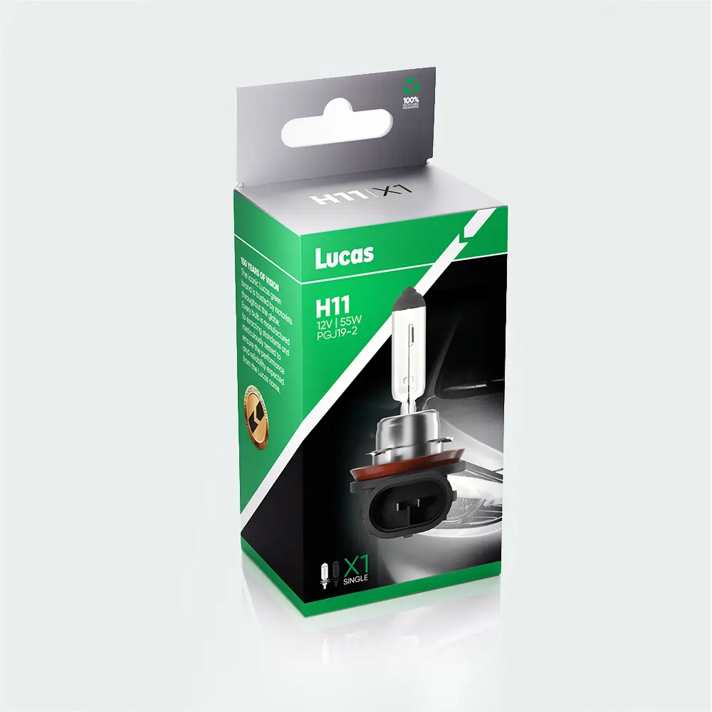 Lucas-branded green and white retail box for an H11 12V 55W automotive bulb, featuring a bulb illustration and a vehicle headlamp image.