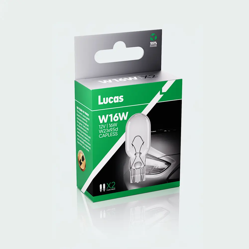 Green and white Lucas packaging for a W16W 12V capless automotive bulb twin pack, featuring a bulb illustration and a vehicle light image on the front.