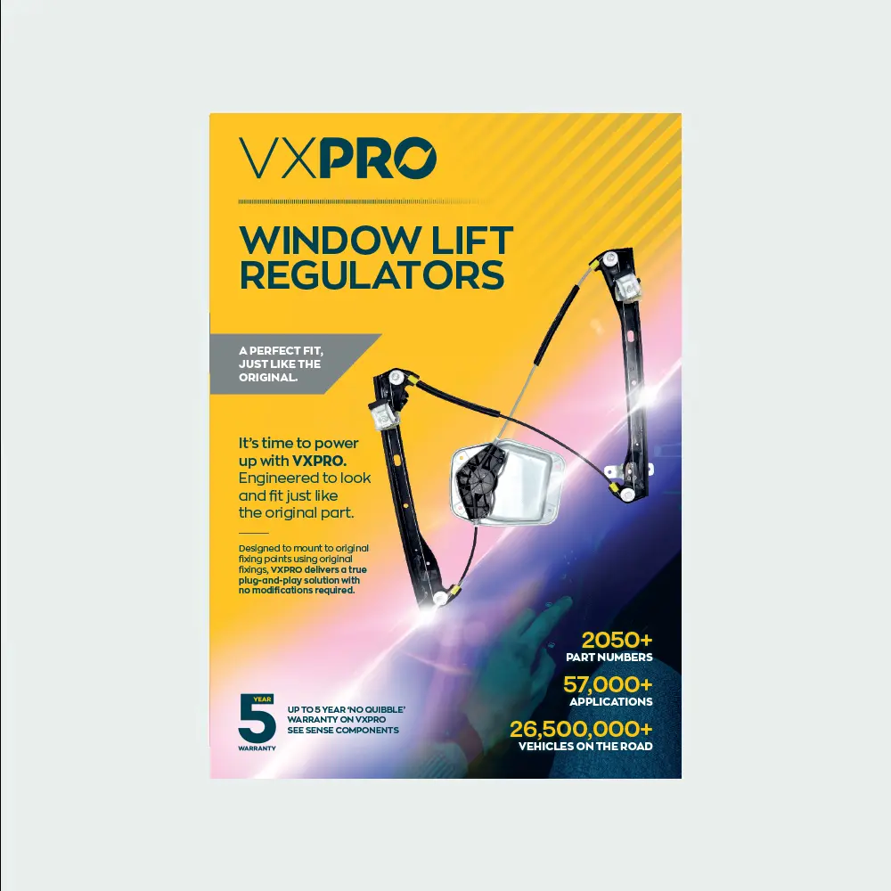 Promotional flyer for VXPRO Window Lift Regulators featuring a large image of a window regulator mechanism, bold product title, and key benefits highlighted on a vibrant yellow and blue background.