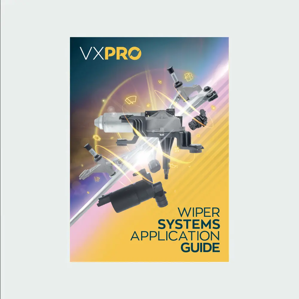 Cover of the VXPRO Wiper Systems Application Guide showing multiple wiper system components arranged dynamically against a colourful background, with the VXPRO logo at the top and the title text at the bottom.