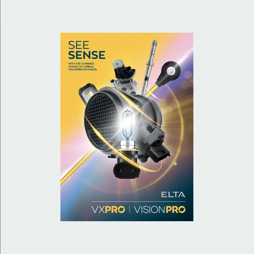 Promotional graphic featuring an automotive sensor assembly and a headlight bulb surrounded by dynamic light streaks, with the text “SEE SENSE” and branding for ELTA, VXPRO, and VisionPRO.