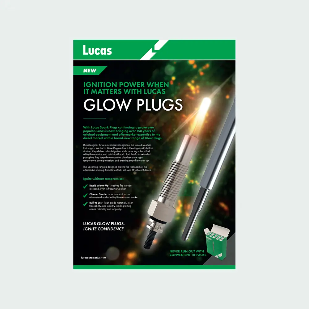 Promotional leaflet for Lucas glow plugs featuring a glowing plug tip, product images, benefit statements, and green Lucas branding on a dark background.