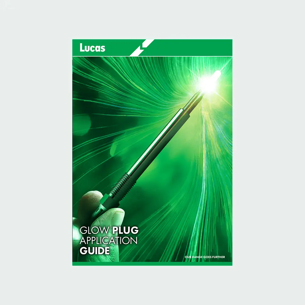 Cover of the Lucas Glow Plug Application Guide showing a glowing glow plug held between two fingers, with bright green light rays radiating outward and the Lucas logo in a green banner at the top.