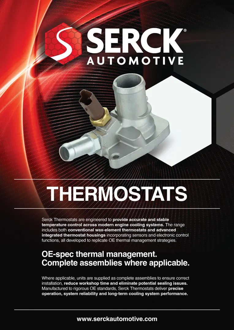 A Serck Automotive promotional leaflet for thermostats, featuring a thermostat housing assembly, product information, and branding on a red and black background.