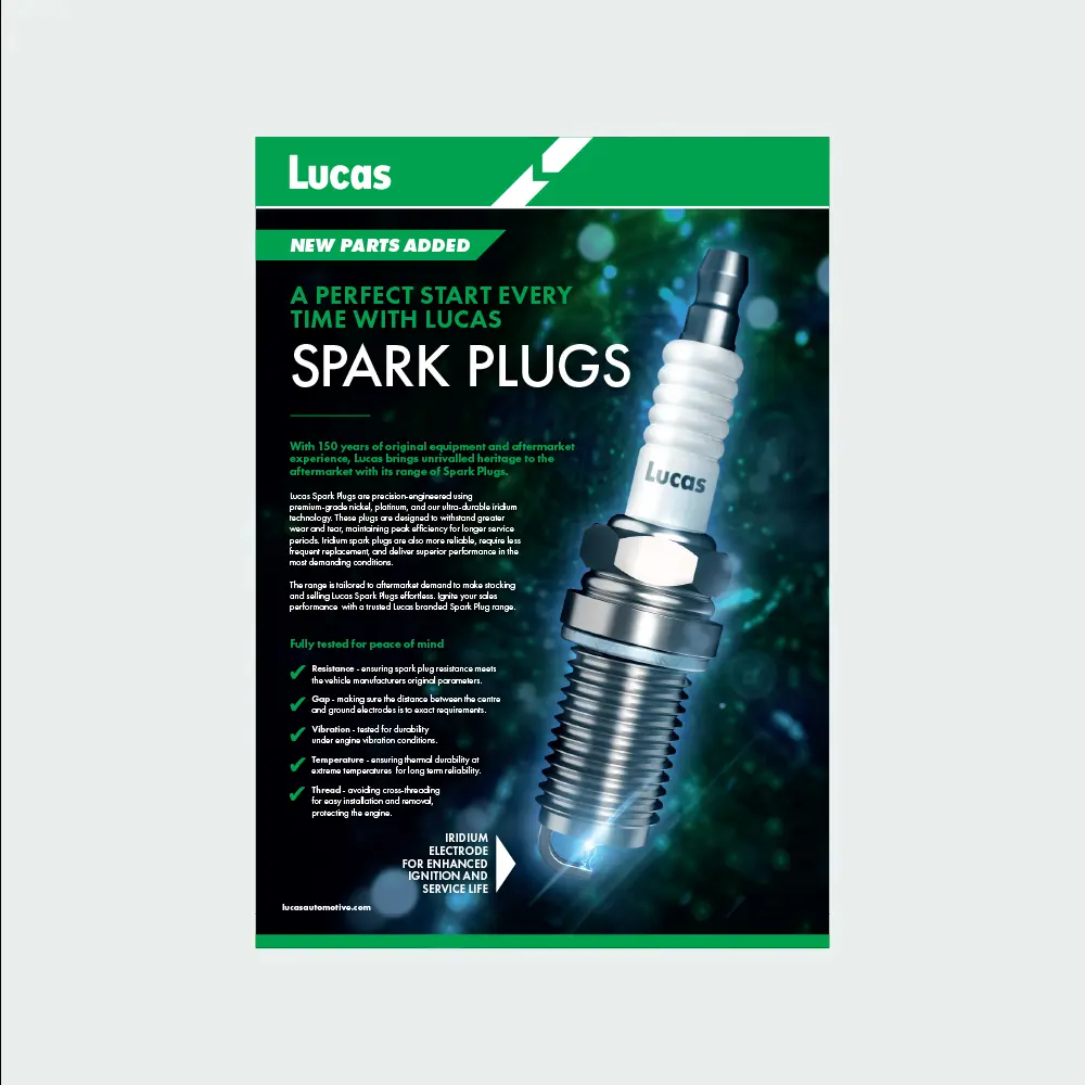 Promotional leaflet for Lucas spark plugs featuring a large image of a spark plug surrounded by glowing green and blue light effects, with text about new parts, product benefits, and iridium electrode technology.